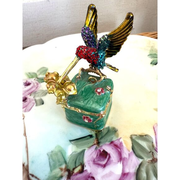 Vintage 90s Rhinestone Encrusted Hummingbird Ring Box Green Enamel - Picture 11 of 14